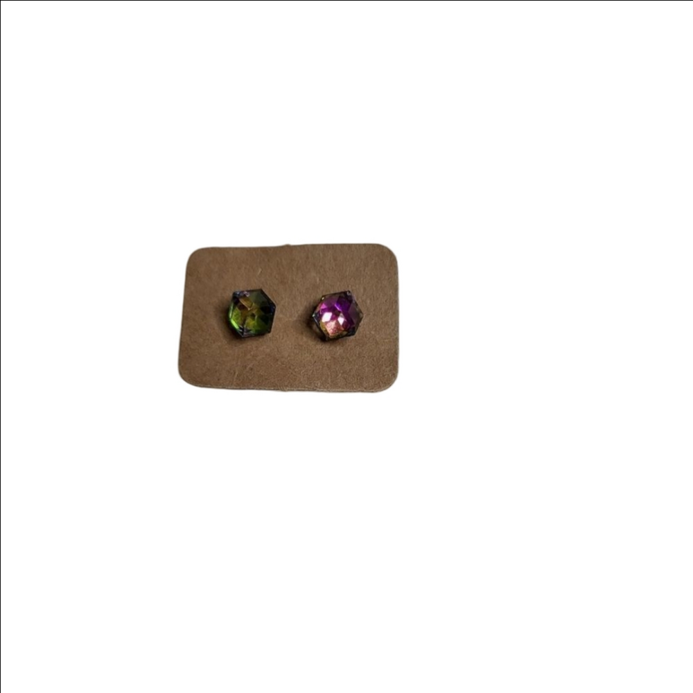 Gold Cube Clear Crystal Post Earrings